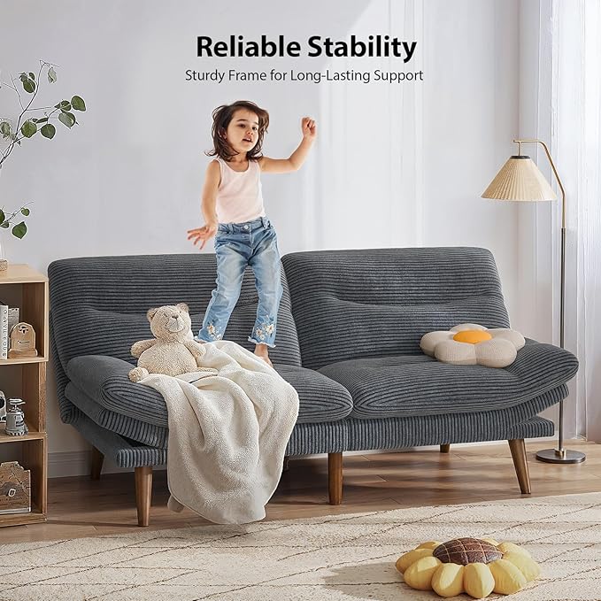 Pipishell Futon Sofa Bed, 75 Inch Corduroy Futon Couch Convertible with Adjustable Backrest and Armrests, Recliner Sleeper Sofa for Small Spaces, Living Room, Office, Guest Room (Grey, 75 Inch) | Adjustable