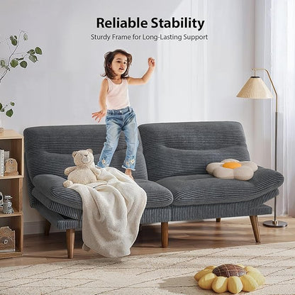 Pipishell Futon Sofa Bed, 66 Inch Corduroy Futon Couch Convertible with Adjustable Backrest and Armrests, Recliner Sleeper Sofa for Small Spaces, Living Room, Office, Guest Room (Grey, 66 Inch)