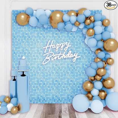 Shimmer Wall Backdrop Baby Blue Square Sequin Wall Panel Backdrop Decor for Wedding, Anniversary, Birthday, Party, 36 Panels