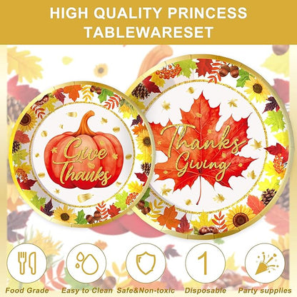 123PCS Thanksgiving Party Supplies for Fall Pumpkin Themeds Party Decorations Autumn Harvest Tableware Set for Kids Childs Leaves Dessert Plates Napkins Cups with Tablecloth and Banner for 20 Guests