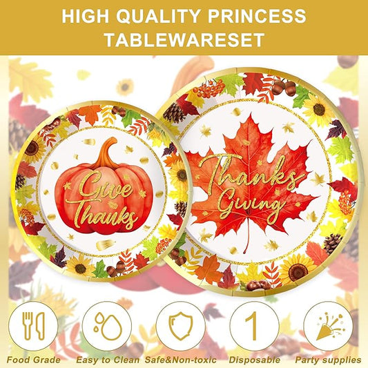 123PCS Thanksgiving Party Supplies for Fall Pumpkin Themeds Party Decorations Autumn Harvest Tableware Set for Kids Childs Leaves Dessert Plates Napkins Cups with Tablecloth and Banner for 20 Guests