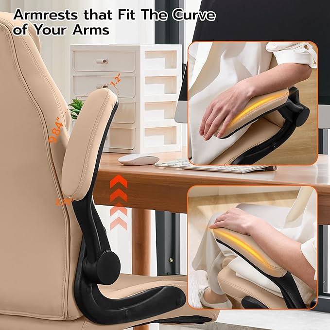 Office Desk Chair, Ergonomic Computer Chair with Padded Flip-Up Arms and Adjustable Lumbar Support, PU Leather Executive Chair with Tilt Lock and 360° Swivel Rolling Wheels for Work, Study