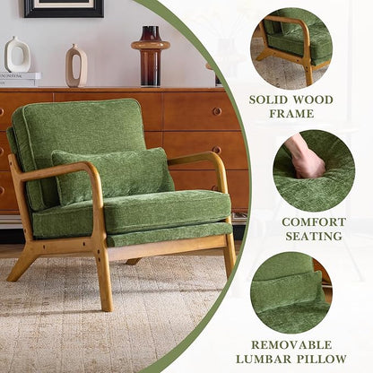 Karl home Mid Century Modern Accent Chair with Lumbar Pillow & Oak Arms – Plush Chenille Living Room Chair for Bedroom, Lounge (Olive Green)