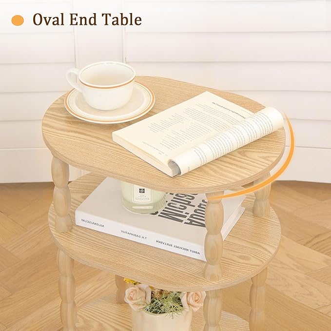 MaxSmeo End Table with Charging Station, Small Oval Side Table for Small Spaces, Modern Accent Table Night Stand with Charging Station for Living Room, Bedroom, Natural