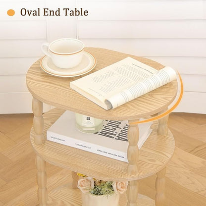 MaxSmeo End Table with Charging Station, Small Oval Side Table for Small Spaces, Modern Accent Table Night Stand with Charging Station for Living Room, Bedroom, Natural