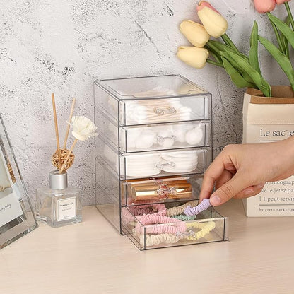 BTSKY Clear Acrylic Storage Organizer with Drawers, 5-Layer Desktop Organizer for Office Essentials, Multi-Purpose Stackable Container for Bathroom Vanity, Desk Makeup Jewelry Container Storage Box