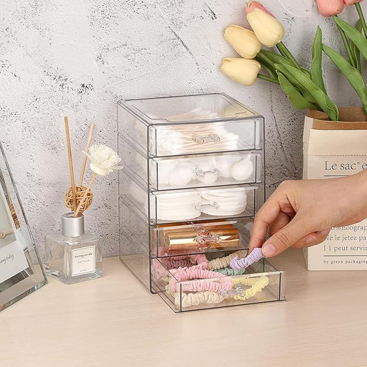 BTSKY Clear Acrylic Storage Organizer with Drawers, 5-Layer Desktop Organizer for Office Essentials, Multi-Purpose Stackable Container for Bathroom Vanity, Desk Makeup Jewelry Container Storage Box