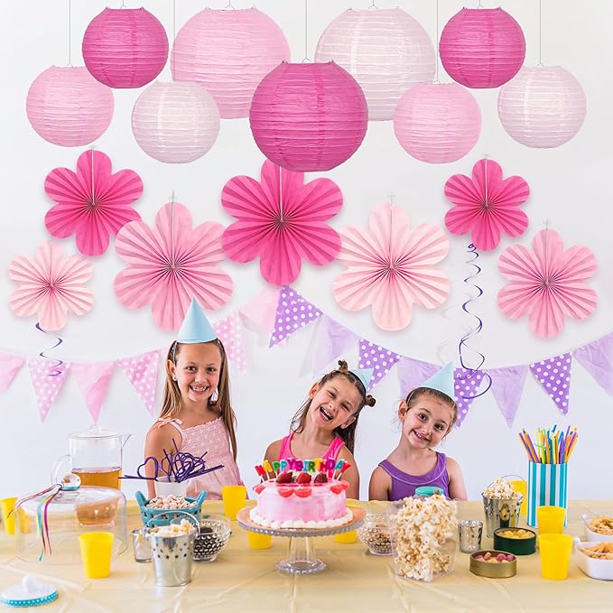 18Pcs Pink Party Decoration Kit, Hanging Pink Paper Lanterns Paper Flowers Fans for Girls Women Birthday Baby Bridal Shower Wedding Valentines Day Decorations