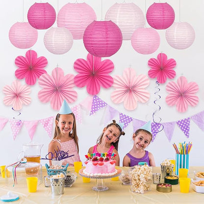 18Pcs Pink Party Decoration Kit, Hanging Pink Paper Lanterns Paper Flowers Fans for Girls Women Birthday Baby Bridal Shower Wedding Valentines Day Decorations