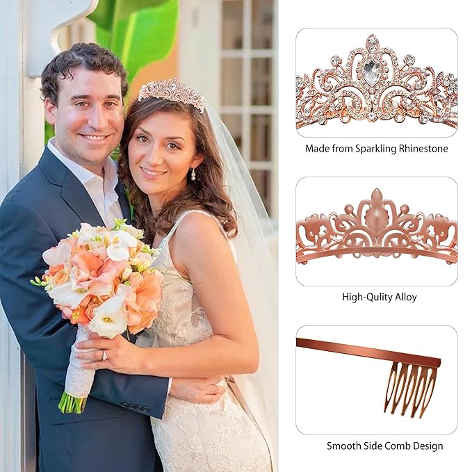 Tiaras for Women Princess Crowns for Woman Crystal Rose Gold Crown for Women Rhinestone Princess Tiara Halloween Tiaras for Girls Birthday Rose Gold Tiara for Costume Prom