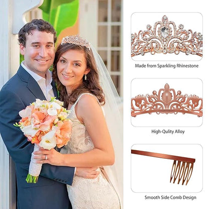 Tiaras for Women Princess Crowns for Woman Crystal Rose Gold Crown for Women Rhinestone Princess Tiara Halloween Tiaras for Girls Birthday Rose Gold Tiara for Costume Prom