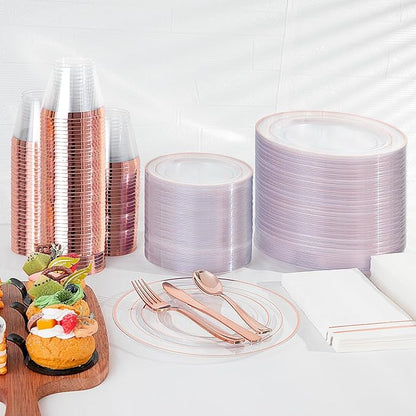 GATHER 350PCS Rose Gold Plastic Plates - Disposable Rose Gold Dinnerware Includes 100 Clear Rose Golds Rimmed Plastic Plates, 150 Silverware, 50 Napkins, 50 Cups for Party, Wedding