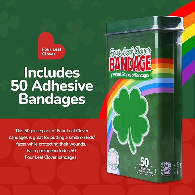 BioSwiss Kids Bandages, 4 Leaf Clover Shaped Self Adhesive Bandage Set, Latex Free, Sterile Wound Care, 50 Count