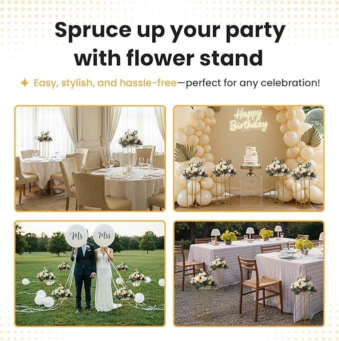 YALLOVE 10 Pack 23.75 Inch Gold Wedding Flower Stand Metal Vase Column Stand Geometric Centerpiece Vase for Home Party Wedding Decorations, Rectangular Flower Display Rack