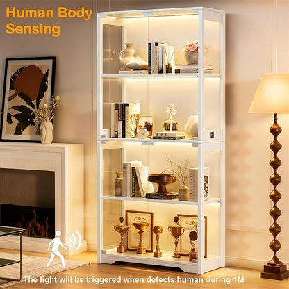 Display Cabinet with Glass Doors, 4-Tier Curio Cabinet with 3 Color Lights for Collectibles, Glass Display Case with Human Body Sensor, Bookcase with 4 Shelves, Storage Cabinets, White