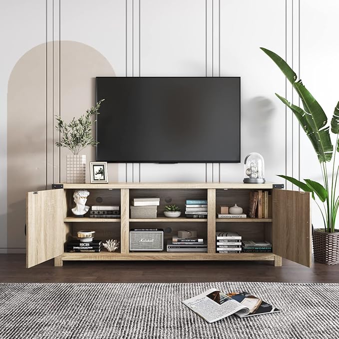 YESHOMY Modern Farmhouse TV Stand with Two Barn Doors and Storage Cabinets for Televisions up to 65+ Inch, Entertainment Center Console Table, Media Furniture for Living Room, 58 Inch, White Oak