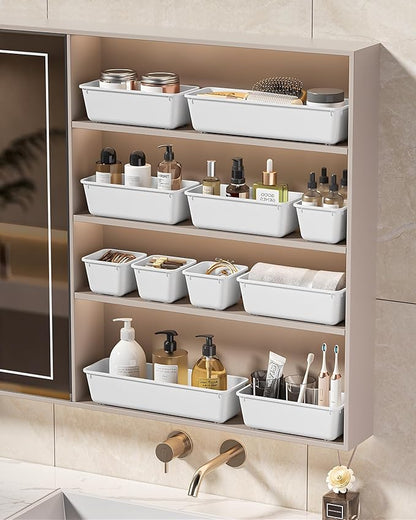 25 PCS Plastic Drawer Organizers Set, 4 Sizes Vanity Organizer, Makeup and Desk Drawer Organizer Trays, Organization and Storage for Makeup, Bathroom, Kitchen Utensils and Office (White)