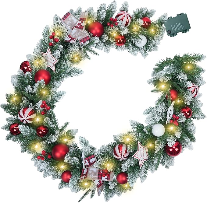 Christmas Garland with Lights 6.56FT Pre-Lit Flocked Garland with 50 LED Battery Operated 8 Lighting Modes - Red Berry & Christmas Ball Decor for Stairs Front Door Fireplace Christmas Decor