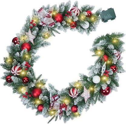 Christmas Garland with Lights 6.56FT Pre-Lit Flocked Garland with 50 LED Battery Operated 8 Lighting Modes - Red Berry & Christmas Ball Decor for Stairs Front Door Fireplace Christmas Decor