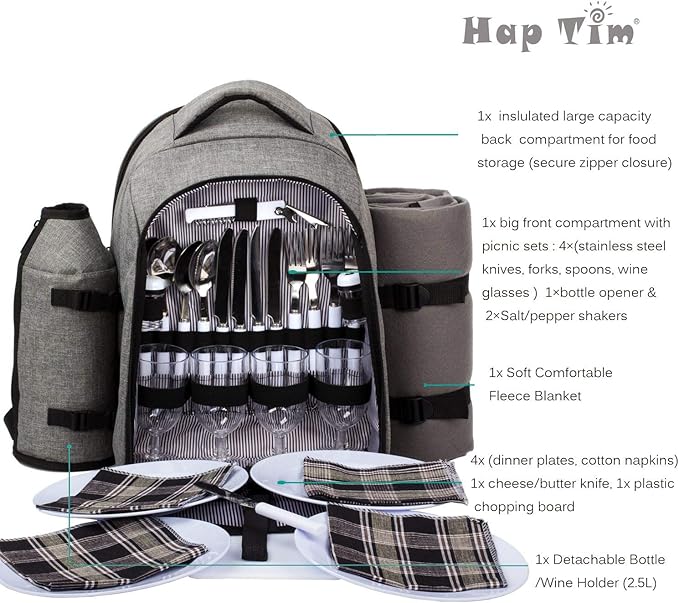 Hap Tim Picnic Basket Backpack for 4 Person with Insulated Cooler Compartment, Wine Holder, Fleece Blanket, Cutlery Set, Engagement Gifts for Couples, Bridal Shower Gift, Wedding Registry Gifts (3263)