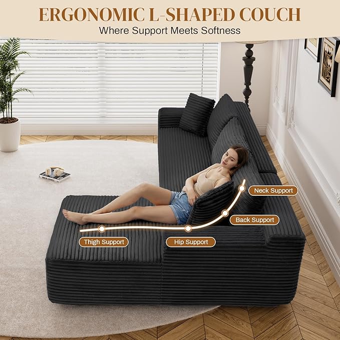 95" L Shaped Boneless Sectional Couches, Wide Armrest, Deep Seat, Memory Foam, Assembly Free, Modern Comfy Corduroy Fluffy Cloud Sofa with Left Chaise for Living Room, Small Spaces, Black