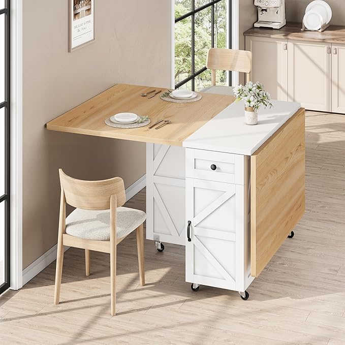 Space Saving Folding Dining Table for 2-4, Farmhouse Foldable Dining Table with Drawer and Storage Shelf, 6 Wheels Drop Leaf Kitchen Dining Room Table for Small Space (Natural, 47.2" x 23.6" x 29.9")