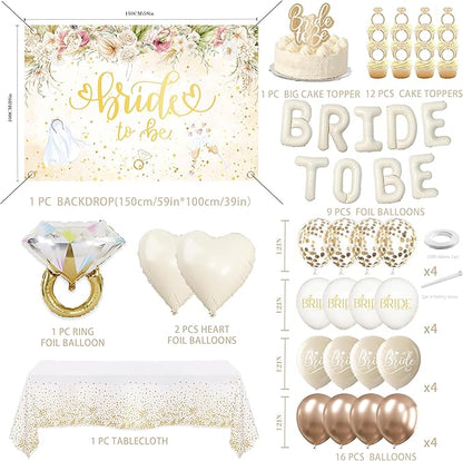 Bride to Be Decorations,White Gold Bridal Shower Balloons Kit with Backdrop,Bachelorette Party Decorations, Diamond Ring Foil Balloons,Cake Toppers
