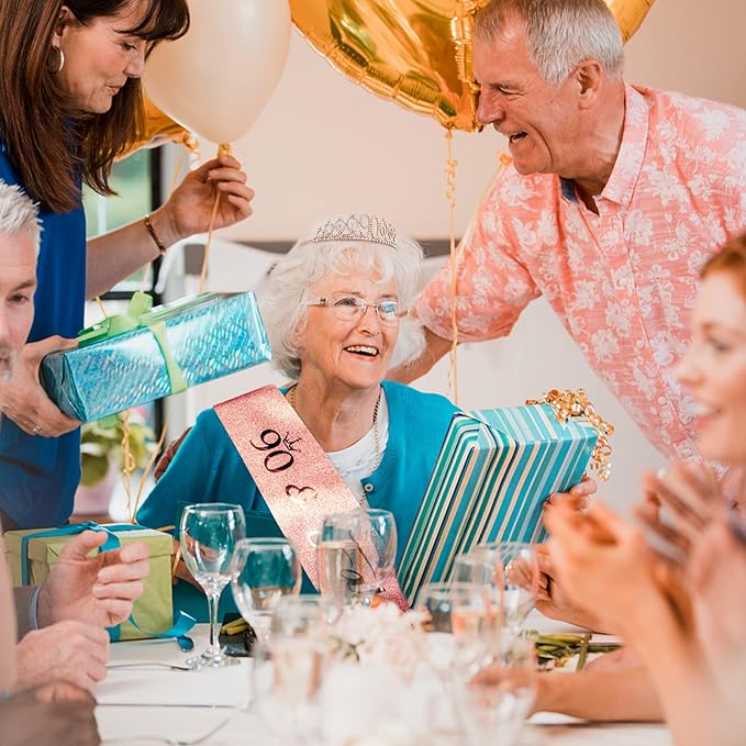 CIEHER 90th Birthday Crown, Sash & Pearl Pin Set - Elegant Decorations & Gifts for Her 90th Fabulous Birthday