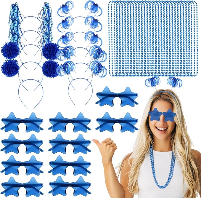 50 Pcs Blue Holiday Team Spirit Party Accessories Pom Pom Party Headbands Star Shape Sunglasses Bead Necklaces Stuff Favors for Birthday Wedding Supplies(Classic)