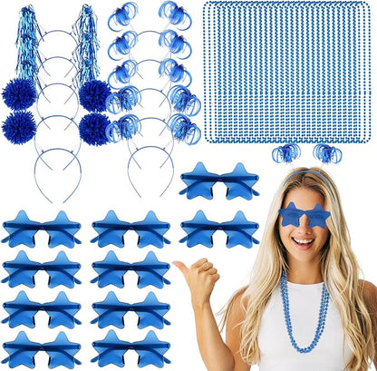 50 Pcs Blue Holiday Team Spirit Party Accessories Pom Pom Party Headbands Star Shape Sunglasses Bead Necklaces Stuff Favors for Birthday Wedding Supplies(Classic)