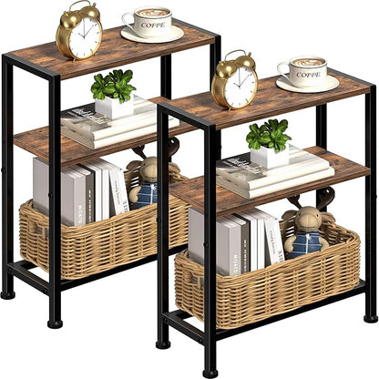 Narrow Side Table Set of 2 for Small Space, 2-Tier Small End Table with Shelf Holder, Slim Nightstand, Skinny Snack Couch Table in Living Room, Bedroom, Study, Kitchen and Balcony (Rustic Brown)