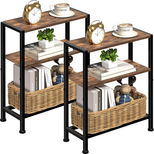Narrow Side Table Set of 2 for Small Space, 2-Tier Small End Table with Shelf Holder, Slim Nightstand, Skinny Snack Couch Table in Living Room, Bedroom, Study, Kitchen and Balcony (Rustic Brown)