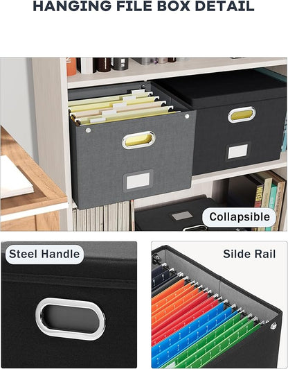 2 Pack File Organizer Box with Lid, Large Hanging Filing Box with Mesh Pocket, Document Organizer for Letter Files, Portable Storage Case for Office&Home (Black)