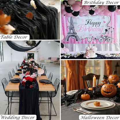 10 Pack Black Table Runner Cheesecloth Sheer Gauze Cheese Cloth Runner 10FT Long Goth Black Table Runner for Wedding Party Baby Shower Birthday Home Decor Holiday Decorations