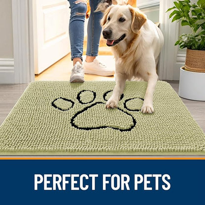 OLANLY Dog Door Mat for Muddy Paws 30x20, Paw Print Design, Absorbs Moisture and Dirt, Absorbent Non-Slip Washable Doormat, Quick Dry Chenille Mud Mat for Dogs, Entry Indoor Entryway Carpet, Vanilla
