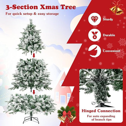 GOFLAME 7 FT Pre-Lit Christmas Tree with Pine Needles, Snow Flocked Christmas Tree with 300 Warm White LED Lights & 1096 Mixed Branch Tips, Hinged Xmas Decoration Tree for Home, Office, Carnival