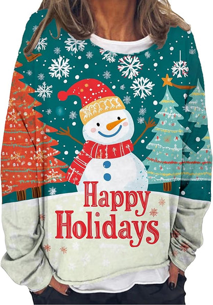 LOAIHA Christmas Shirts for Women Crewneck Snowman Snowflake Santa Graphic Shirts Christmas Tree Long Sleeve Xmas Hoodie