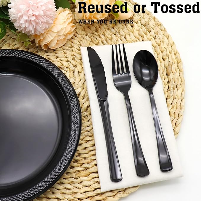 150 Pack Black Plastic Silverware Includes 50 Black Plastic Forks, 50 Knives, 50 Spoons for 2025 Graduation Party, Birthday, Barbecue, Picnic