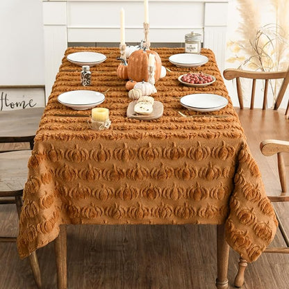 Horaldaily Fall Tablecloth 60x120 Inch Rectangular, Caramel Soft Plush Faux Fur Pumpkin Table Cover, Thanksgiving Autumn Harvest Dining Table Decoration for Home Party Dinner