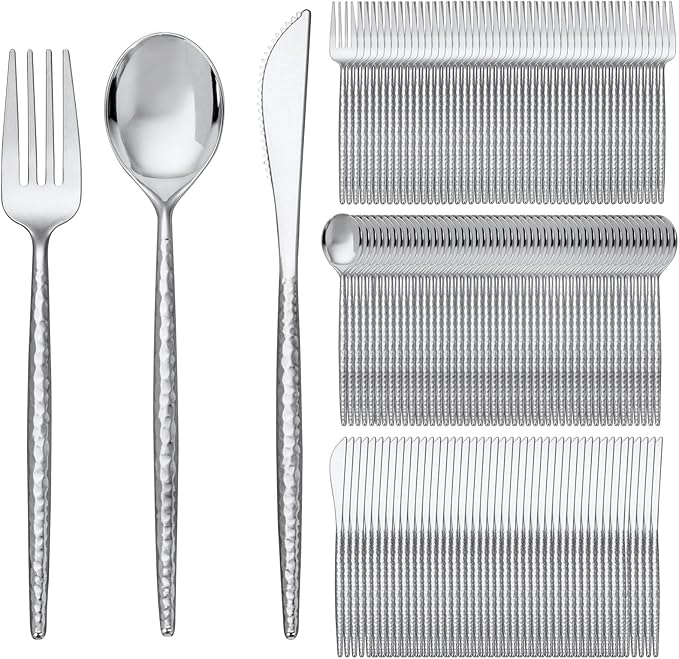 SUT 300PCS Silver Plastic Silverware, Utensils Plastic Disposable, Utensils Set Includes 100 Knives, Forks and Spoons, plastic cutlery, Disposable Silverware for Party, Hammered Silverware Set