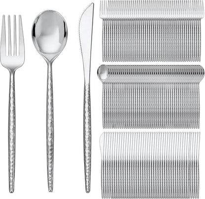 SUT 300PCS Silver Plastic Silverware, Utensils Plastic Disposable, Utensils Set Includes 100 Knives, Forks and Spoons, plastic cutlery, Disposable Silverware for Party, Hammered Silverware Set