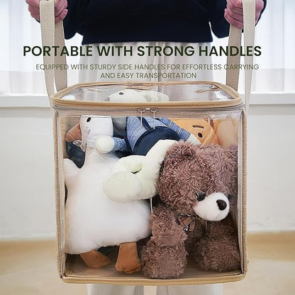 holay 2 Pack Storage Bins PVC Boxes with Transparent Lid & Handles - Durable & Foldable - Multi-Purpose Organizer for Clothes, Books, and More (Brown, Large)