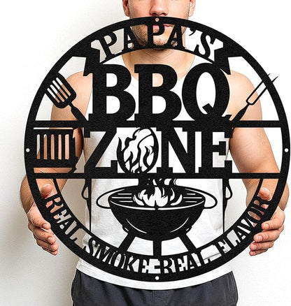 Personalized BBQ Grill Wall Sign, Custom Name Metal Cut Decor for Outdoor Patio, Rustic Backyard Kitchen Barbecue Art