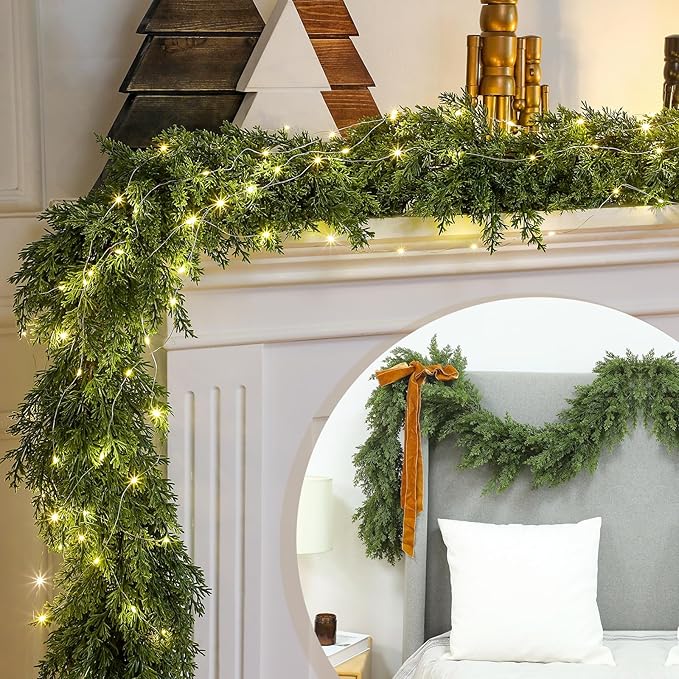 Jutom 1 Pcs 6 ft Thick Christmas Cedar Garland Artificial Realistic Soft and Flexible Full Faux Green Cedar Pine Garland for Home Indoor Xmas Holiday Mantle Fireplace Party Decoration
