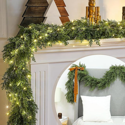 Jutom 1 Pcs 9 ft Thick Christmas Cedar Garland Artificial Realistic Soft and Flexible Full Faux Green Cedar Pine Garland for Home Indoor Xmas Holiday Mantle Fireplace Party Decoration