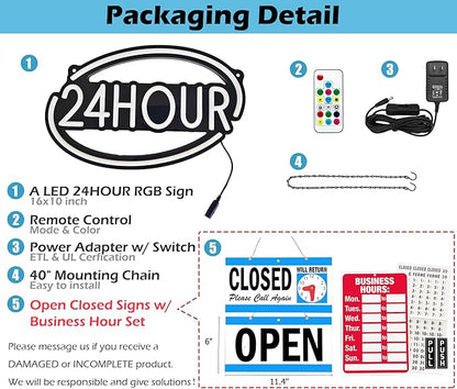 24 Hour Open Sign for Business,16x10 inch Open Signs Led RGB for Window Wall Door Open Closed Sign Resturant Bar Salon Store