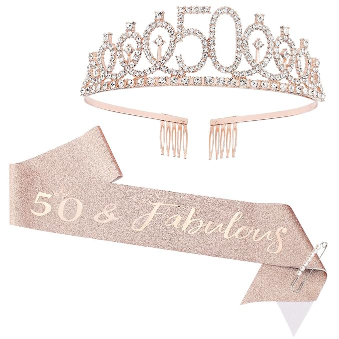 CIEHER 50th Birthday Crown + 50 & Fabulous Sash+Pearl Pin Set, Tiara, 50th Gifts, Decorationsfor Women Friends, Happy Party Favor Supplies
