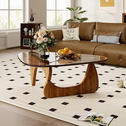 Coffee Table for Living Room Mid Century Modern Center Table with Glass Top and Wood, Brown/Walnut