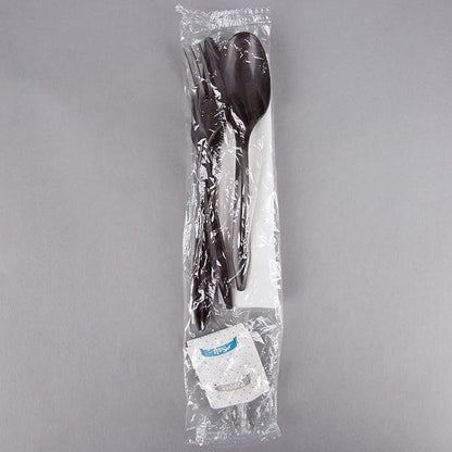 100 Pack Medium Weight Wrapped Black Plastic Cutlery Pack with Napkin and Salt/Pepper Packets (Black)