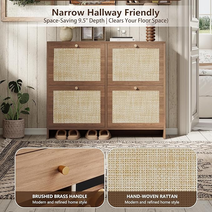 Nicetree Shoe Cabinet Storage for Entryway, 4-Flip Drawer Narrow Shoe Rack, Organic Modern Rattan Shoe Organizer with Gold Legs, Shoe Organizer Fits Men's Size 13.5, Toasted Caramel Walnut